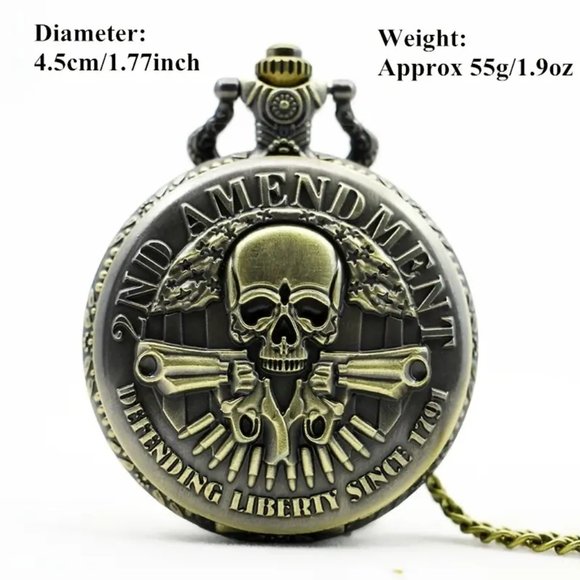 Skull Gun Cards Vintage Bronze Pocket Watch with Chain Necklace - Picture 4 of 7